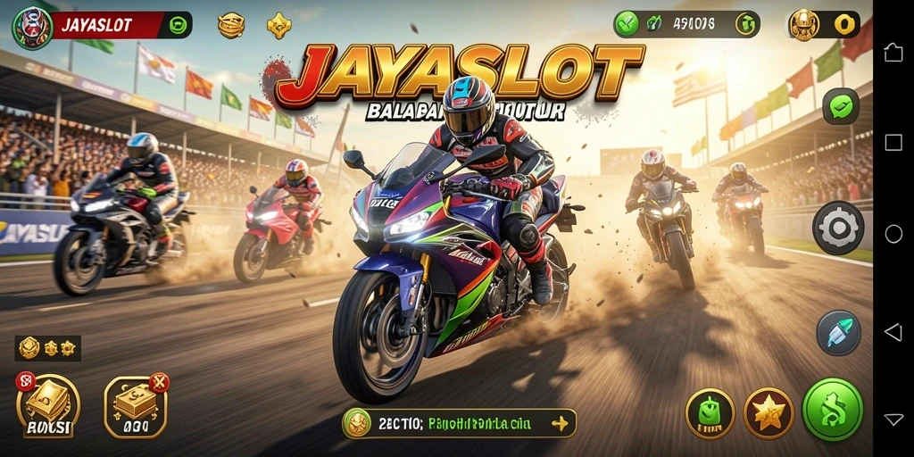 Screenshot gameplay JAYASLOT menampilkan balapan motor yang mendebarkan.