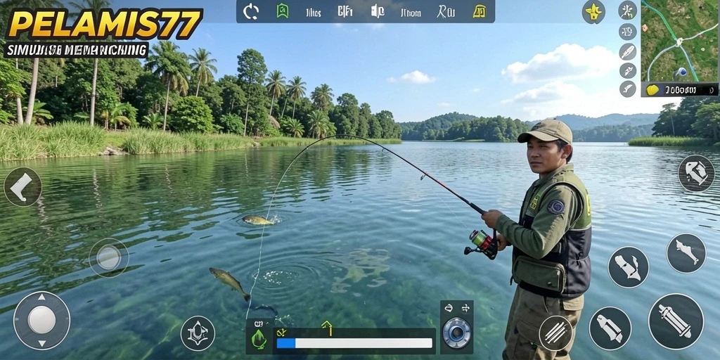 Screenshot utama PELAMIS77 menunjukkan gameplay memancing yang realistis.